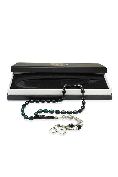 Tesbihane Non-Tarnish Metal Crescent Star Tasseled Barley Cut Filtered Turquoise-black Fire Amber Prayer Beads