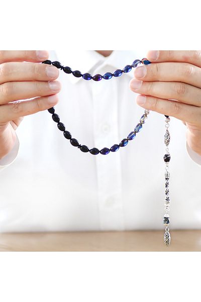Tesbihane Non-Tarnish Metal Rope Tasseled Barley Cut Filtered Blue-white Fire Amber Prayer Beads