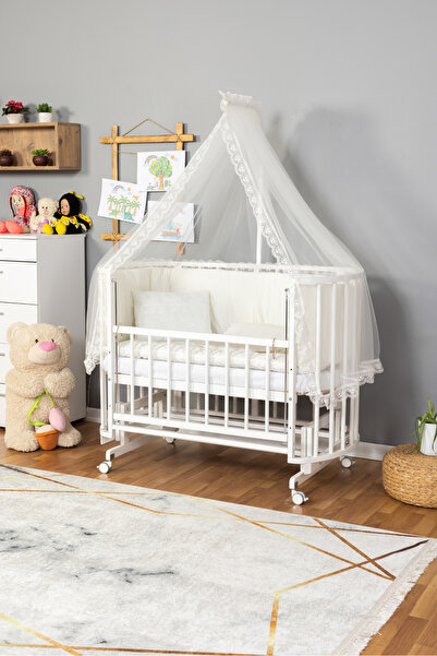 Carino Wins Ahşap Beşik Anne Yanı Yeni Doğan Papatya Beyaz Bebek Beşiği KREM ...