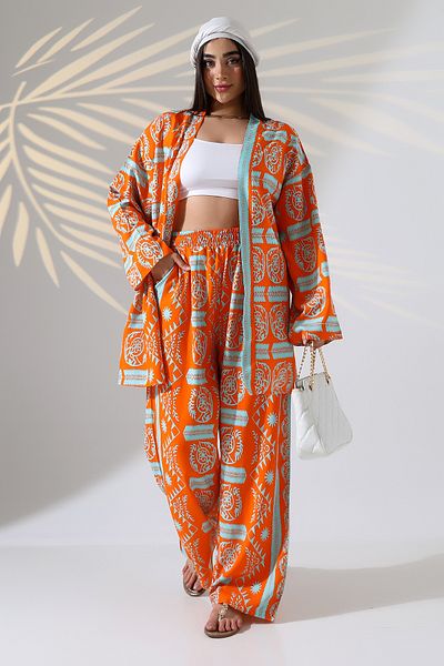 forte bella Patterned Maxi Length Bottom-Top Kimono Set