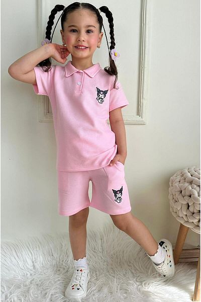 LİLLYPİCCA Polo Neck Cat Embroidered Girls' T-Shirt and Pocket Shorts 2-Piece