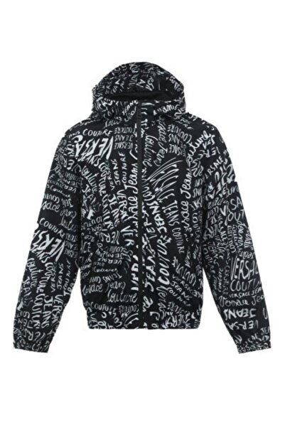 Versace Men's All over Versace Lettering Detailed Long Sleeve Hooded Collar Zipper Closure Black-And-White Jacket 78Gasd08