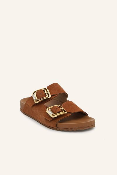 MARCATELLI Tan Suede Romy Buckle Leather Slippers