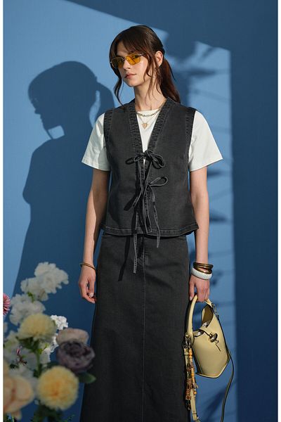 Fatma Atasoy Tie-Up Gray Denim Vest