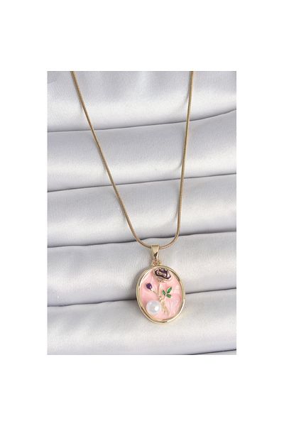 Skygo 316L Steel Gold Color Chain Pink Flower Embroidered Pearl Detail Portrait Model Women's Necklace - Tj-Bko10077