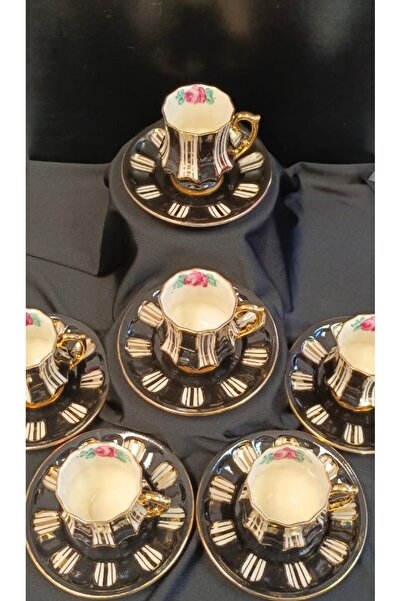 BY.RAYKA PORSELEN El Dekor Whiteblack Porcelain Hand Decoration Painting Cup Set