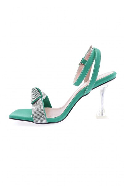 DGN Green Satin - Twisted Silver Jewelled Ankle Strap Heeled Women's Shoes