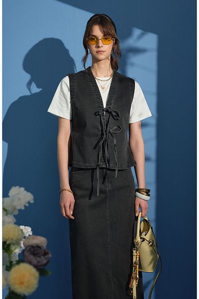Fatma Atasoy Tie-Up Gray Denim Vest