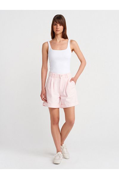 Dilvin 71988 Double Pleated Curled Denim Shorts-Pink
