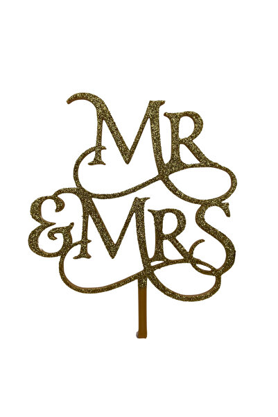 OEM Decoratiune topper tort nunta, Mr and Mrs, auriu cu sclipici 17 x 13.5 cm