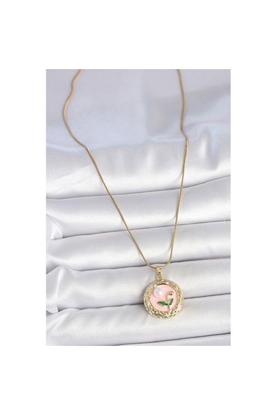 Skygo 316L Steel Gold Color Chain Pink Flower Embroidered Pearl Detail Portrait Model Women's Necklace - Tj-Bko10079