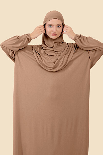 Sonbaharmoda Ολόσωμο φόρεμα χιτζάμπ με αποσπώμενο μαντίλι από οργανικό βαμβάκι ελαστικό αντιολισθητικό χτενισμένο βαμβακερό ύφασμα