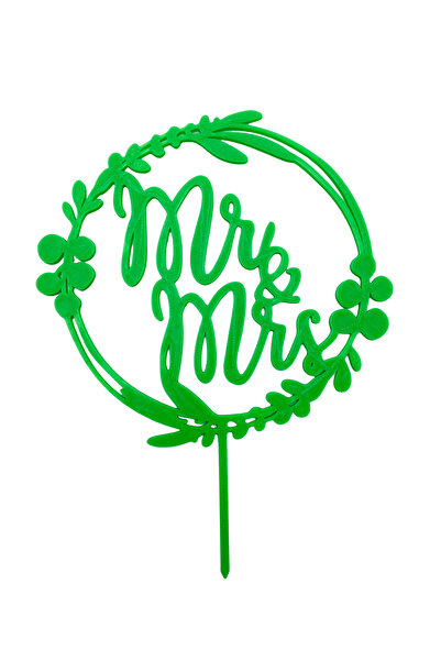 OEM Decoratiune topper tort "Mr and Mrs" rotund, Verde 13 cm