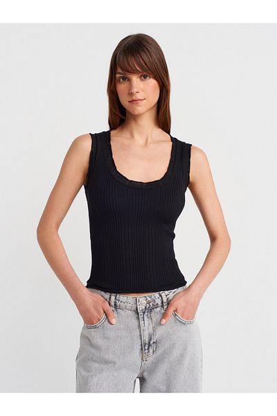Dilvin 10750 Corded Fine Textured Knitwear Blouse-Black