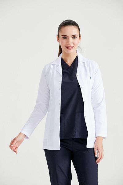 DEMOTEKS Women's white short medical lab coat uniform - with three pockets, long sleeves, lapel collar-XL