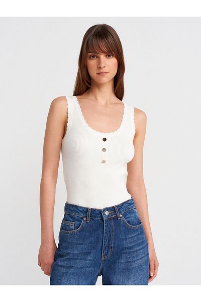 Dilvin 10744 Corded Button Detailed Knitwear Blouse-Ecru