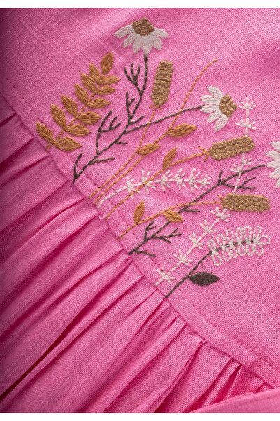 Cigit Embroidered Side Tie Linen Dress 2-7 Years Pink