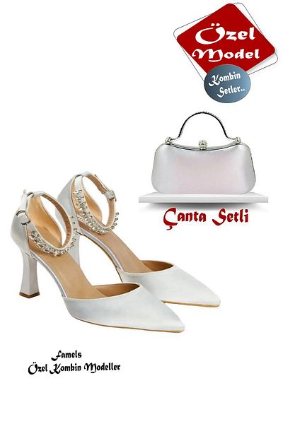 Famels Silver Ankle Stone, Satin Heeled Evening Dress Shoes and Zircon Stone Chain and Armlet Bag Set