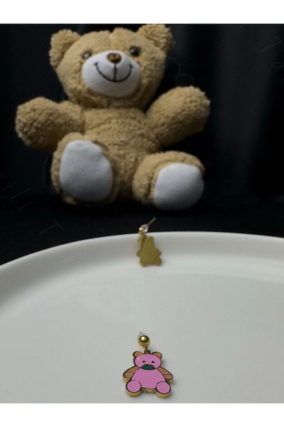SEVGİLİ TAKI Children's Steel Earrings with Pink Teddy Bear - Fluffy Series