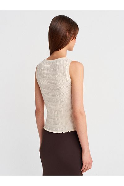 Dilvin 10751 Boat Neck Gathered Thin Knitwear Blouse-Ecru