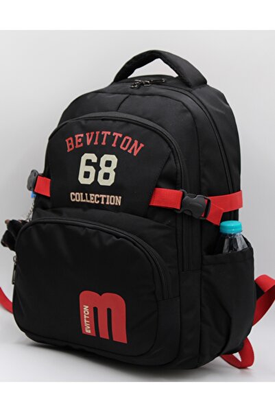 Bevitton Bvt-34500 Su Itici Kumaş Okul Çantası Siyah-kırmızı Okul Sırt Çantası