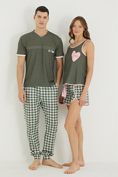 İPEKTENİM Чоловічий піжамний комплект з квадратним візерунком, манжетами та V-подібним коміром