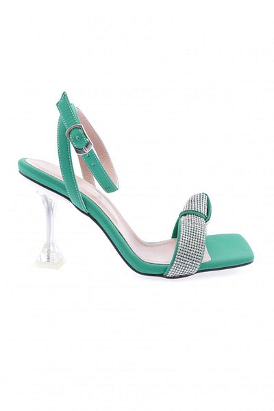 DGN Green Satin - Twisted Silver Jewelled Ankle Strap Heeled Women's Shoes