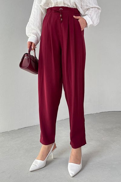 Cappmoda Pnt-07416 Claret Red Waist Tie Pencil Carrot Pants