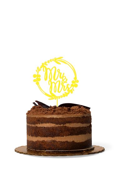 OEM Decoratiune topper tort "Mr and Mrs" rotund, Galben 13 cm
