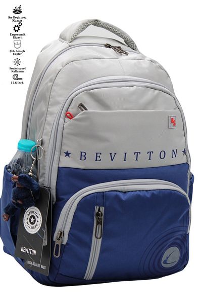 Bevitton Bvt-34400 School Bag Water Resistant Fabric Unisex Gray-Navy Blue School Backpack