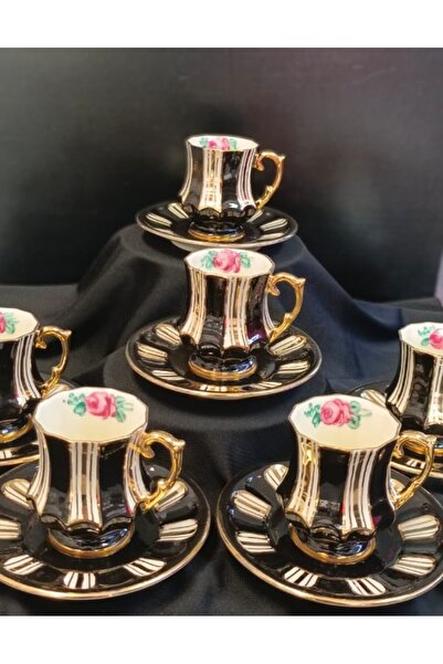 BY.RAYKA PORSELEN El Dekor Whiteblack Porcelain Hand Decoration Painting Cup Set