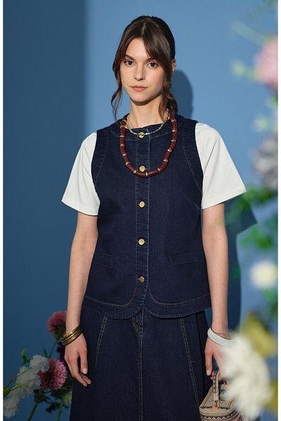 Fatma Atasoy Midi Navy Blue Denim Vest