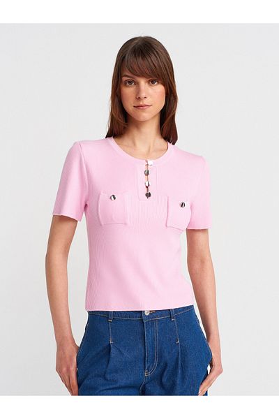 Dilvin 10733 Crew Neck Pocket Buttoned Knitwear Blouse-Pink