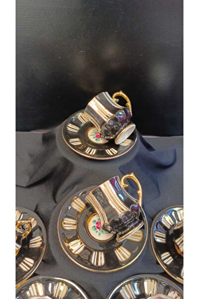 BY.RAYKA PORSELEN El Dekor Whiteblack Porcelain Hand Decoration Painting Cup Set