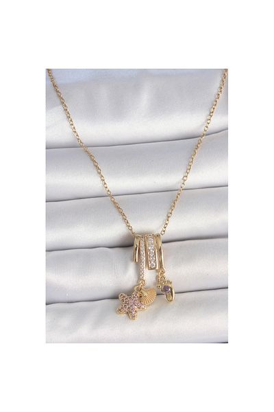 Skygo 316L Steel Gold Color Hanging Zircon Stone Purple Stone Teddy Bear Figure Charm Women's Necklace - Tj-Bko10098