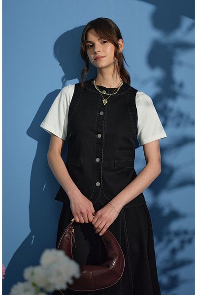 Fatma Atasoy Midi Black Denim Vest