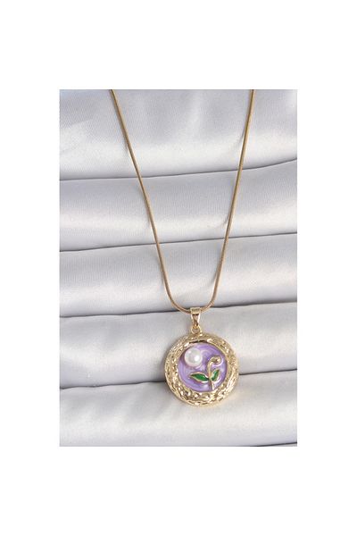 Skygo 316L Steel Gold Color Chain Purple Flower Embroidered Pearl Detail Portrait Model Women's Necklace - Tj-Bko10081