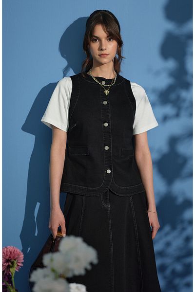 Fatma Atasoy Midi Black Denim Vest