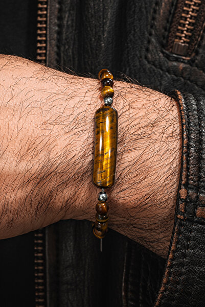 OSMANLI GÜMÜŞ Erkek Kadın Doğal Taş Bileklik - Kaplan Gözü Taşlı Çelik Halat ...