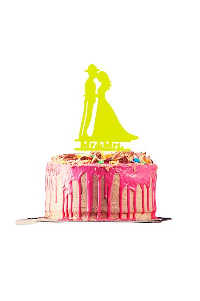 OEM Cake topper decoration, "MR AND MRS" in the service of love, policeman model, 18.6 x 11 yellow