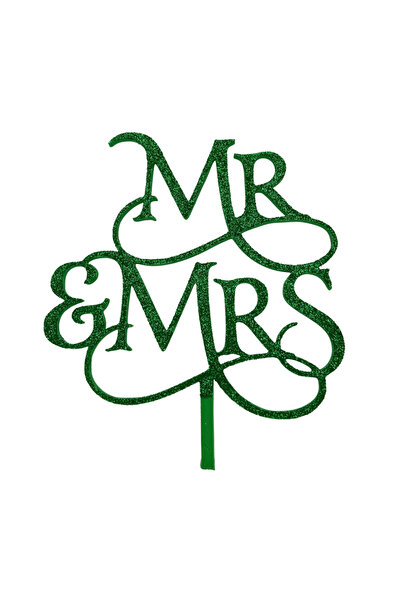 OEM Decoratiune topper tort nunta, Mr and Mrs, verde cu sclipici 17 x 13.5 cm