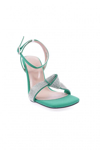 DGN Green Satin - Twisted Silver Jewelled Ankle Strap Heeled Women's Shoes