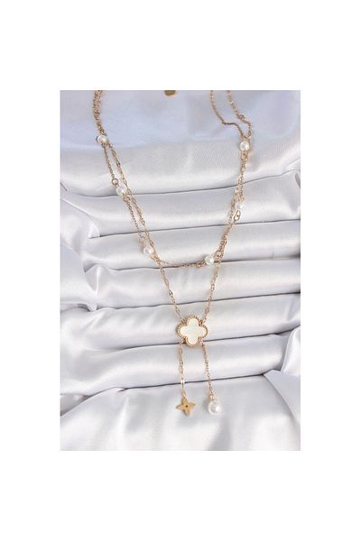Skygo 316L Steel Gold Color Chain White Clover Figure Dangle Flower Pearl Detail Women Necklace - Tj-Bko10109