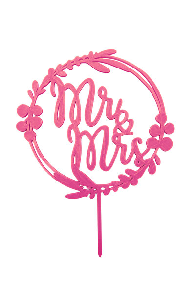 OEM Decoratiune topper tort "Mr and Mrs" rotund, Roz Zmeuriu 13 cm