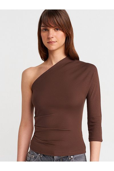 Dilvin 31842 Pleat Detailed Asymmetrical Ball-Light Brown