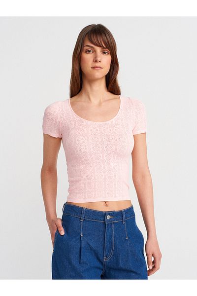 Dilvin 10755 Short Sleeve Lace Textured Slim Knitwear Blouse-Pink