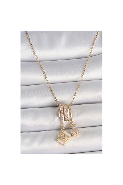 Skygo 316L Steel Gold Color Zircon Stone Dangle Camera Figure Charm Women's Necklace - Tj-Bko10097