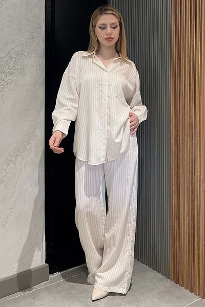 GÜLSELİ Stone Women's Stripe Patterned Shirt Pants Double Set
