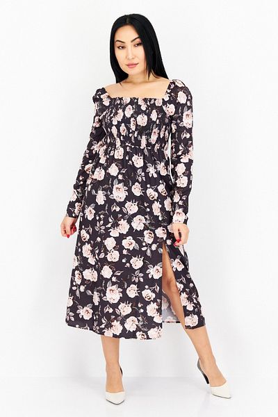 NA-KD Women Flower Pattern Long Sleeve Midi Dress, Navy Blue