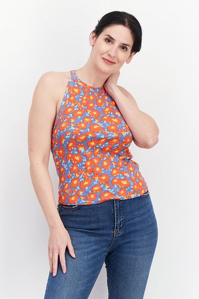 RVCA Women Round Neck Sleeveless Floral Print Top, Red Combo